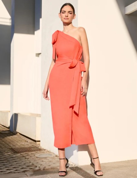 Orange midi skirt with side tie in faux plain fabric