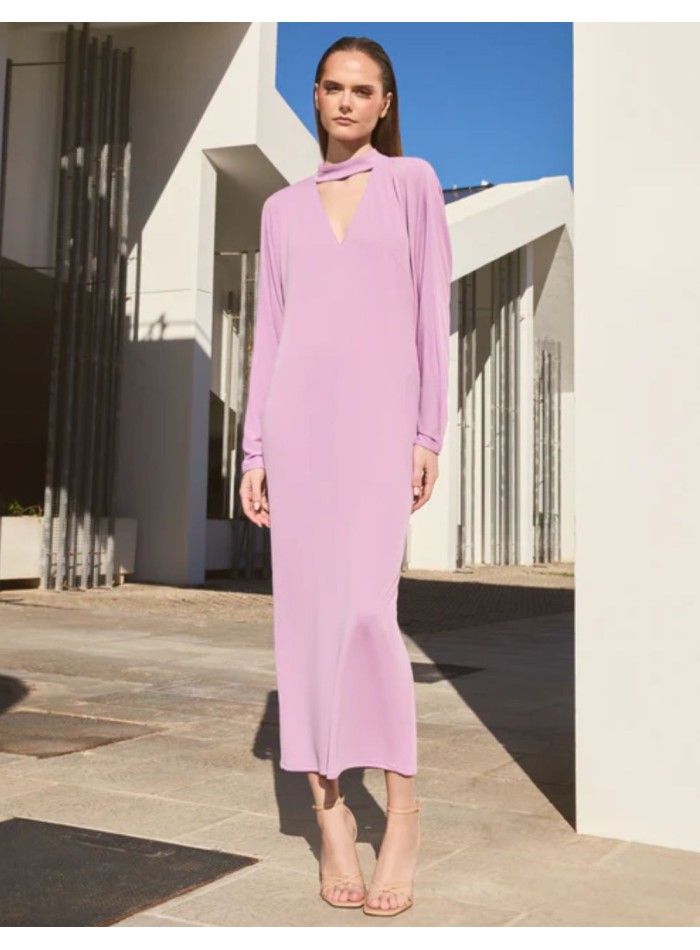 Lilac midi guest dress with open back and bat sleeves