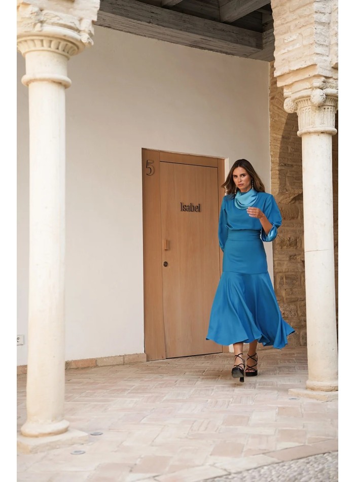 Jupe midi à taille large turquoise avec ourlet...