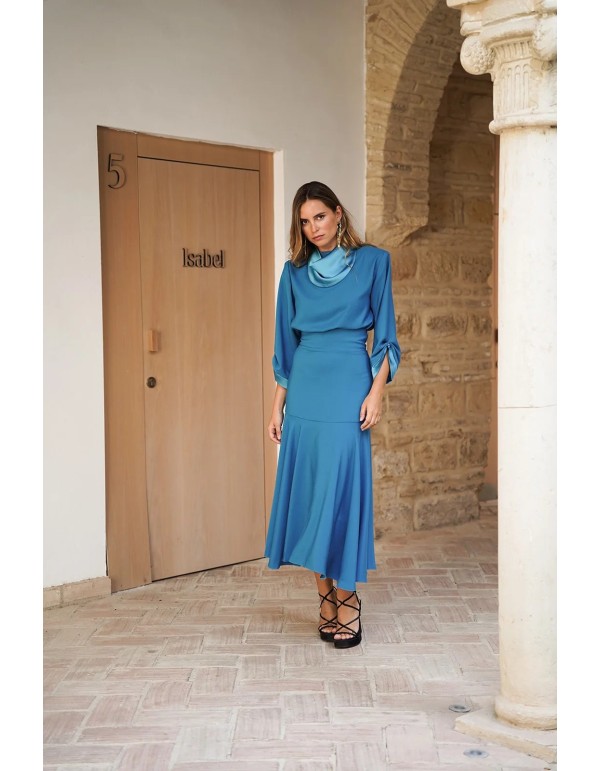 Turquoise wide waist midi skirt with layered hemline 2