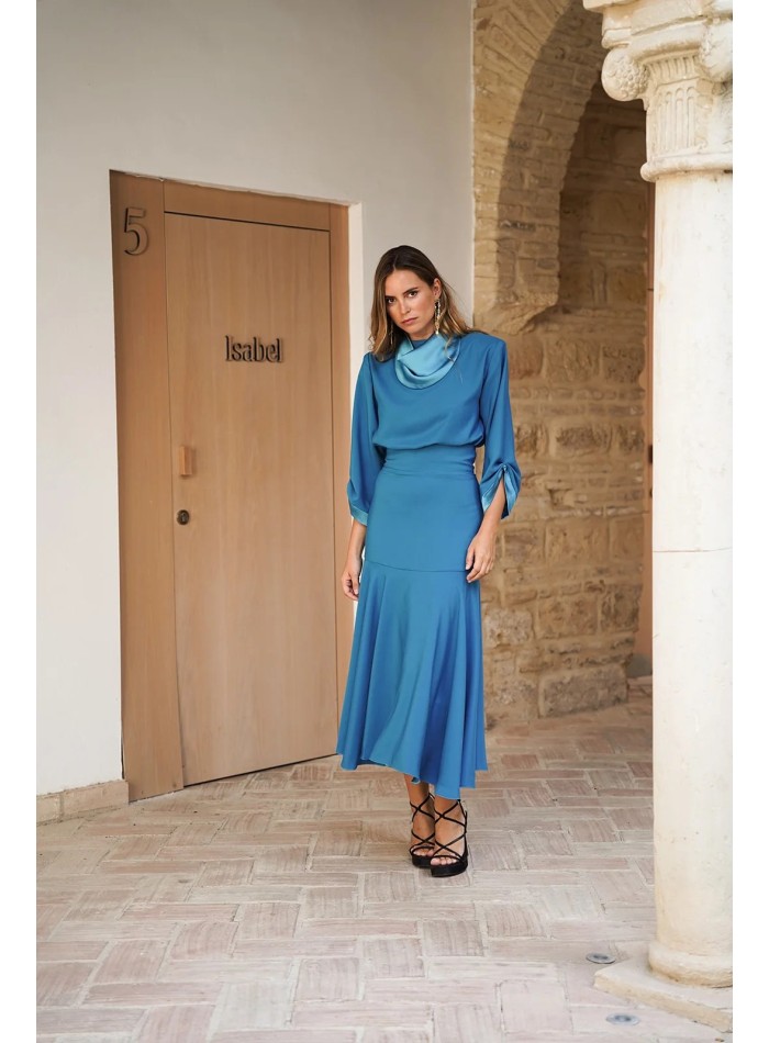 Turquoise wide waist midi skirt with layered...