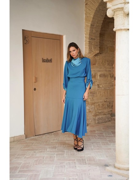 Falda midi de cintura ancha turquesa con bajo a capa para eventos