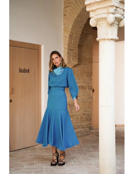 Jupe midi à taille large turquoise avec ourlet superposé