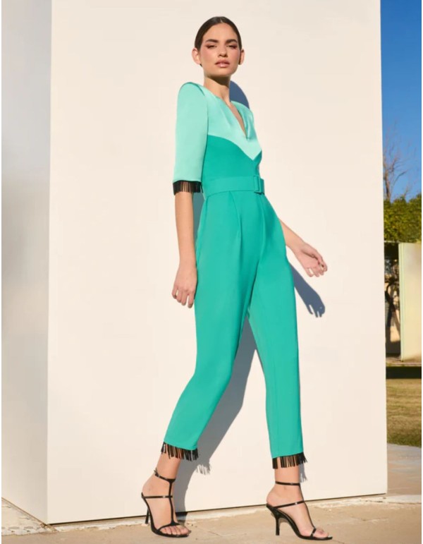 Aqua green party jumpsuit with crystal bangs