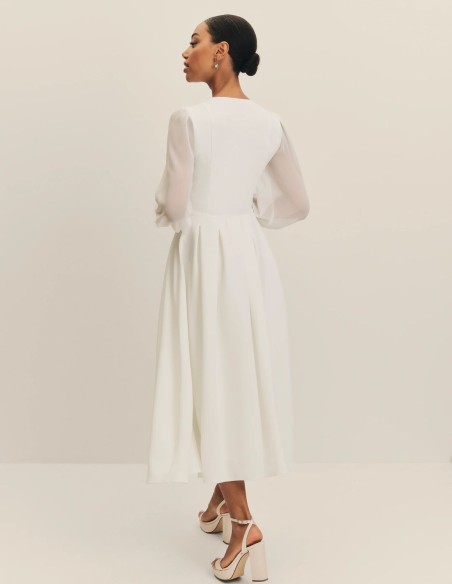 Midi wedding dress with chiffon sleeves and V-neckline