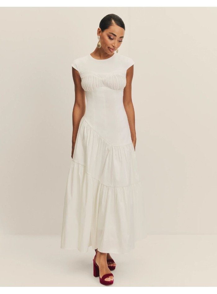 Taffeta midi wedding dress with fitted waistline