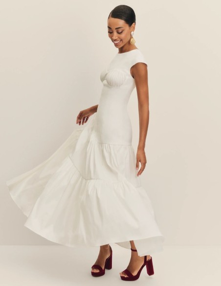 Taffeta midi wedding dress with fitted waistline