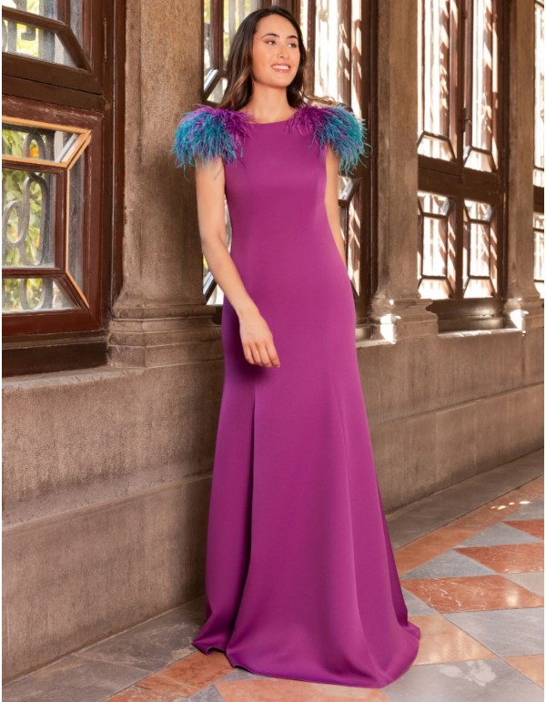 Long dress with feather detail and open back