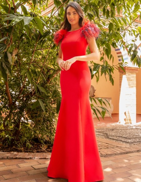 Vestido largo con detalle de plumas y espalda descubierta