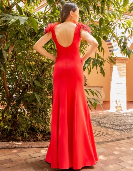 Vestido largo con detalle de plumas y espalda descubierta