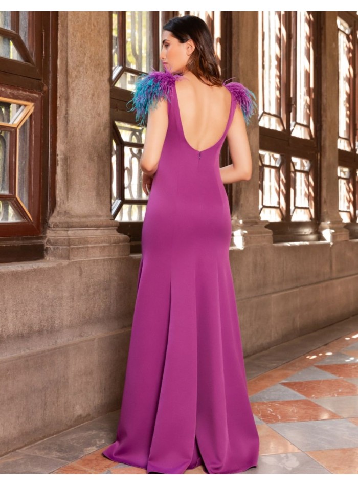Robe longue avec plumes et dos ouvert