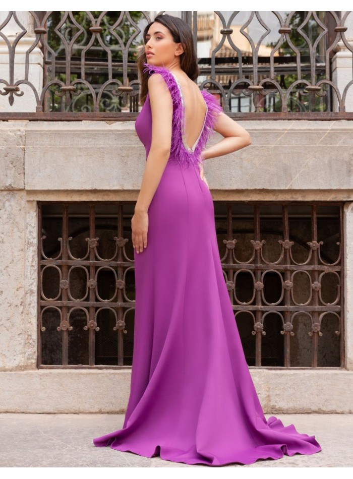 Long dress with feather and rhinestone detail...