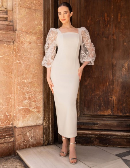 Vestido midi blanco con mangas abullonadas con bordados