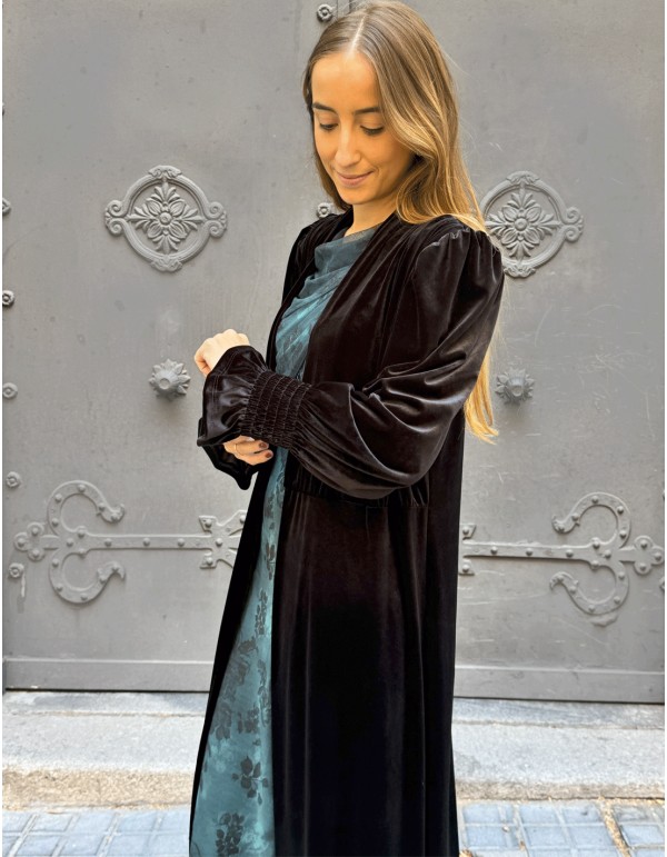 Black velvet kimono for wedding guests