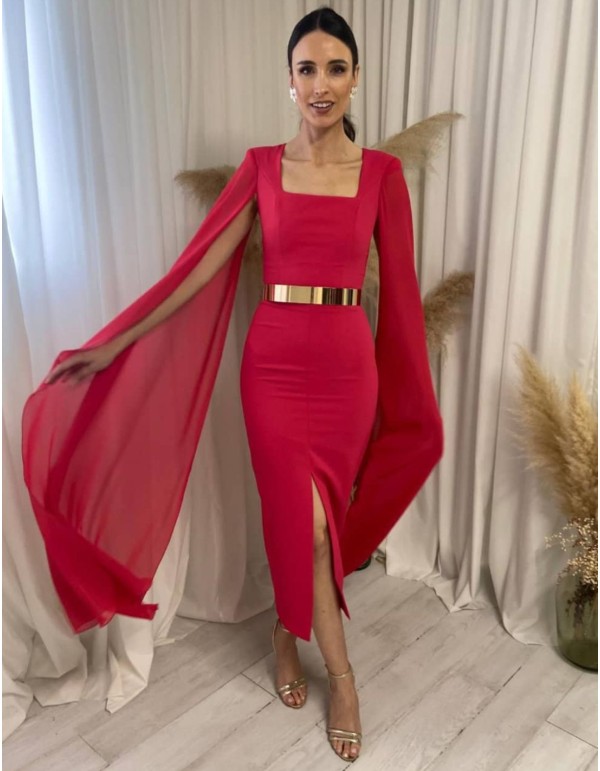 Midi dress with cape sleeves and belt 2