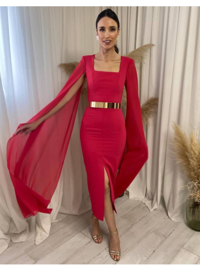 Midi dress with cape sleeves and belt