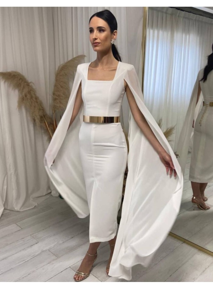 Midi dress with cape sleeves and belt