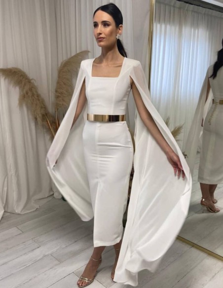 Midi dress with cape sleeves and belt