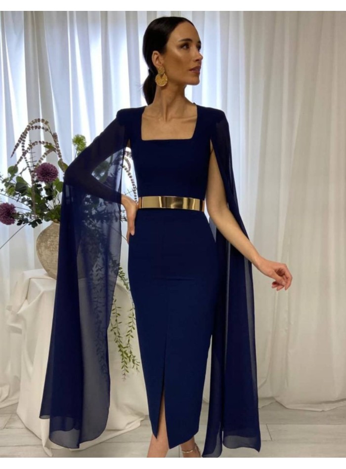 Robe midi avec manches cape et ceinture