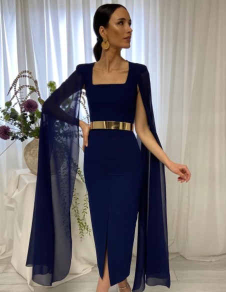 Midi dress with cape sleeves and belt