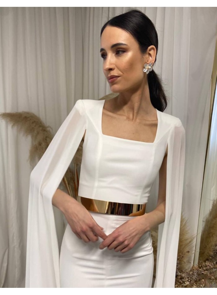 Midi dress with cape sleeves and belt