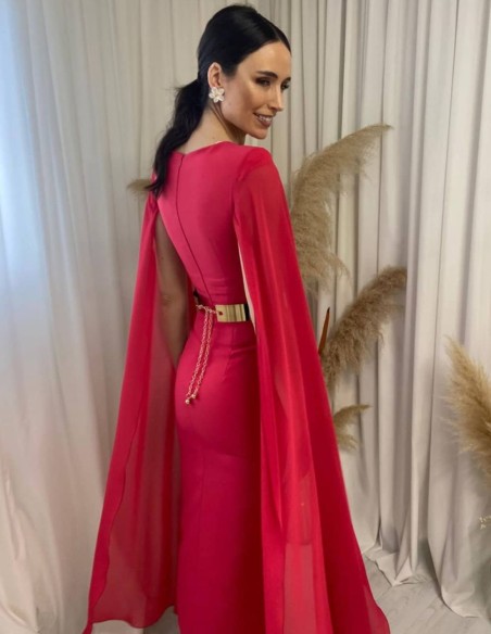 Midi dress with cape sleeves and belt