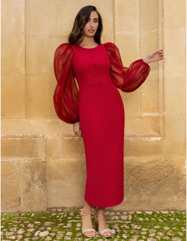 Midi dress with balloon sleeves and buttons