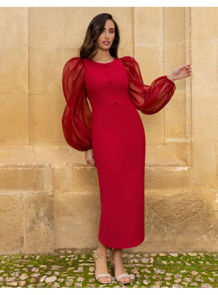 Robe midi avec manches ballon et boutons