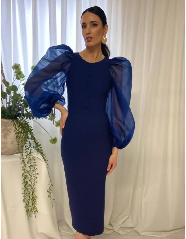 Midi dress with balloon sleeves and buttons 2