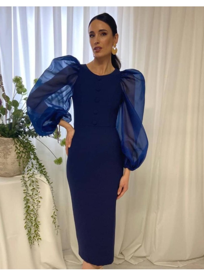 Robe midi avec manches ballon et boutons