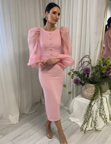 Midi dress with balloon sleeves and buttons
