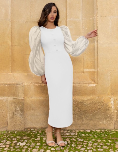 Midi dress with balloon sleeves and buttons