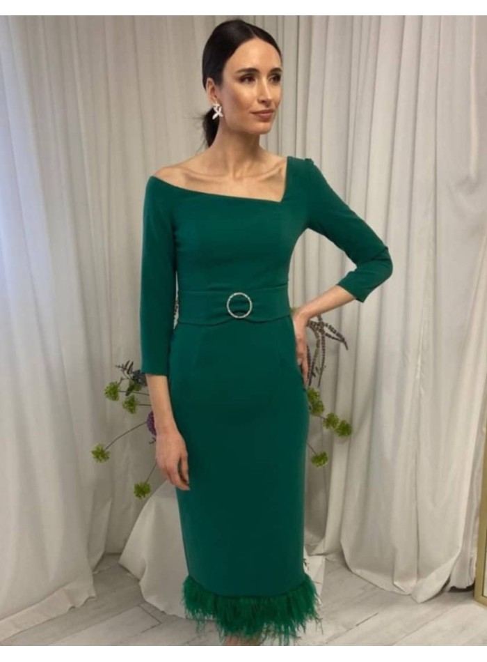 Midi dress with asymmetrical neckline and...