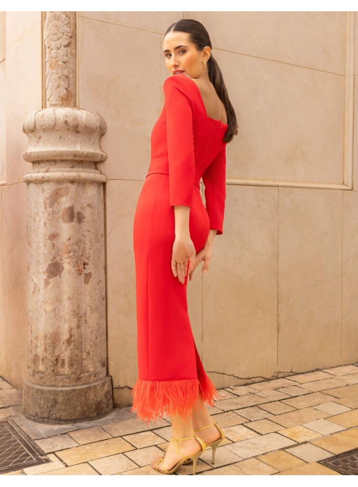 Midi dress with asymmetrical neckline and...