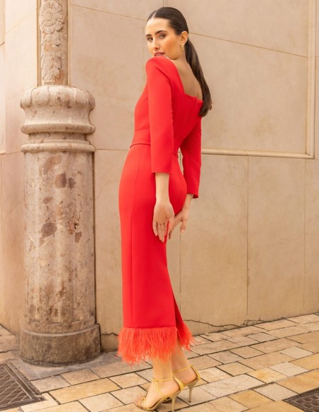 Midi dress with asymmetrical neckline and feathered skirt