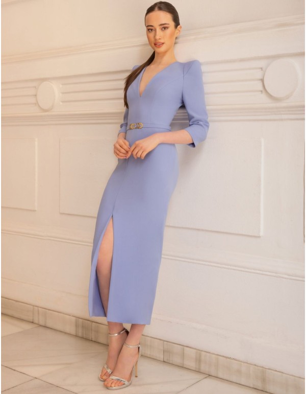 Midi dress with French sleeves and V-neckline