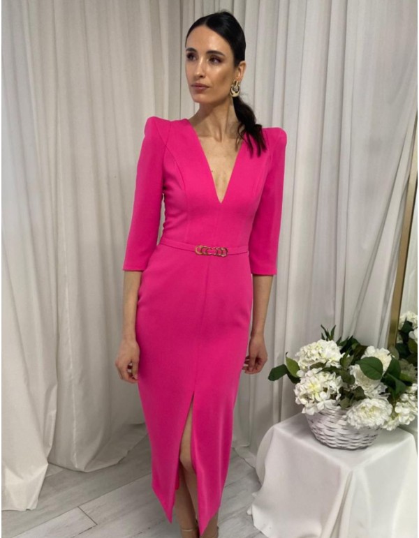 Midi dress with French sleeves and V-neckline 2