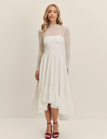 Midi wedding dress with sweetheart neckline and asymmetrical skirt