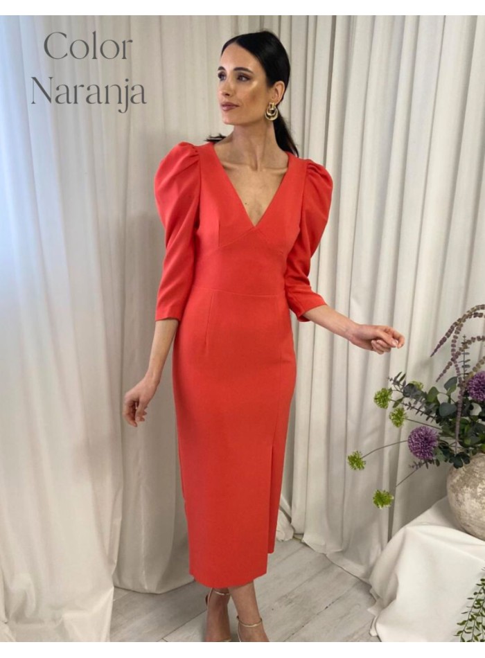 Vestido midi con manga abullonada y espalda...