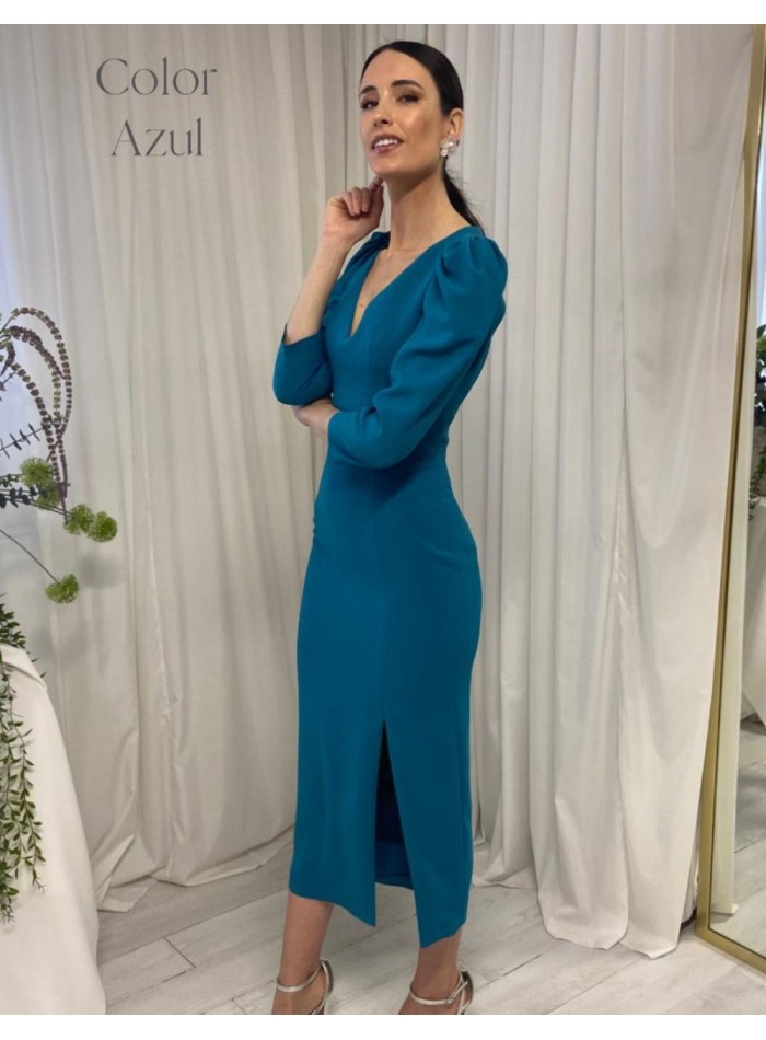 Midi dress with puffed sleeves and open back