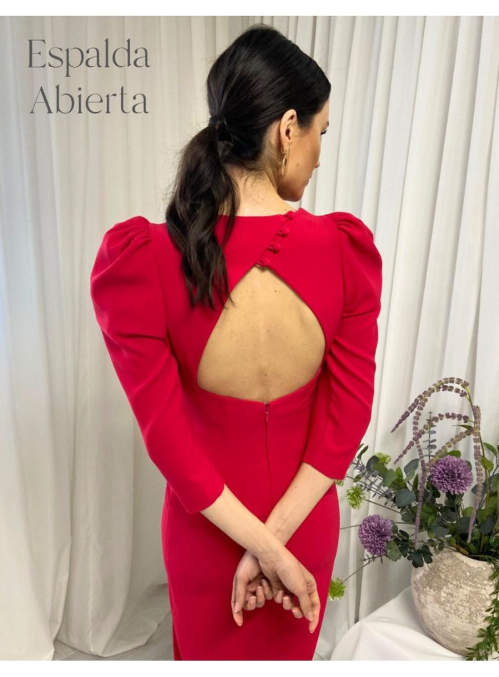 Midi dress with puffed sleeves and open back