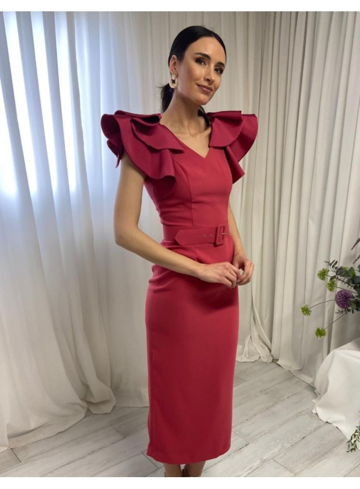 Vestido midi con volantes en la manga y cinturón