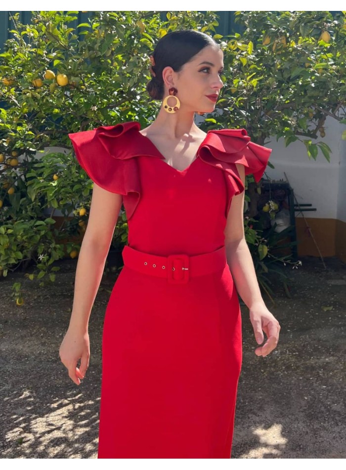 Vestido midi con volantes en la manga y cinturón