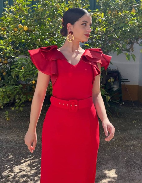 Vestido midi con volantes en la manga y cinturón