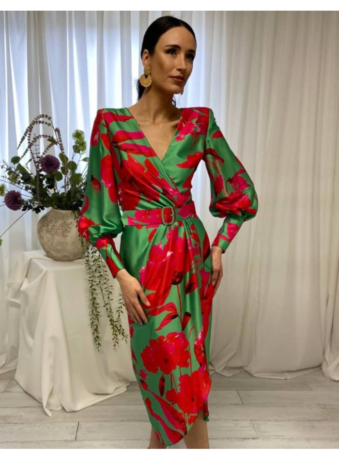 Printed midi dress with long sleeves and cross over print