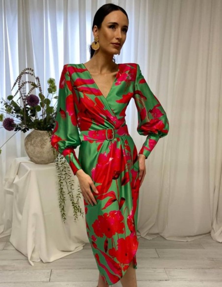 Robe midi imprimée avec manches longues et imprimé croisé