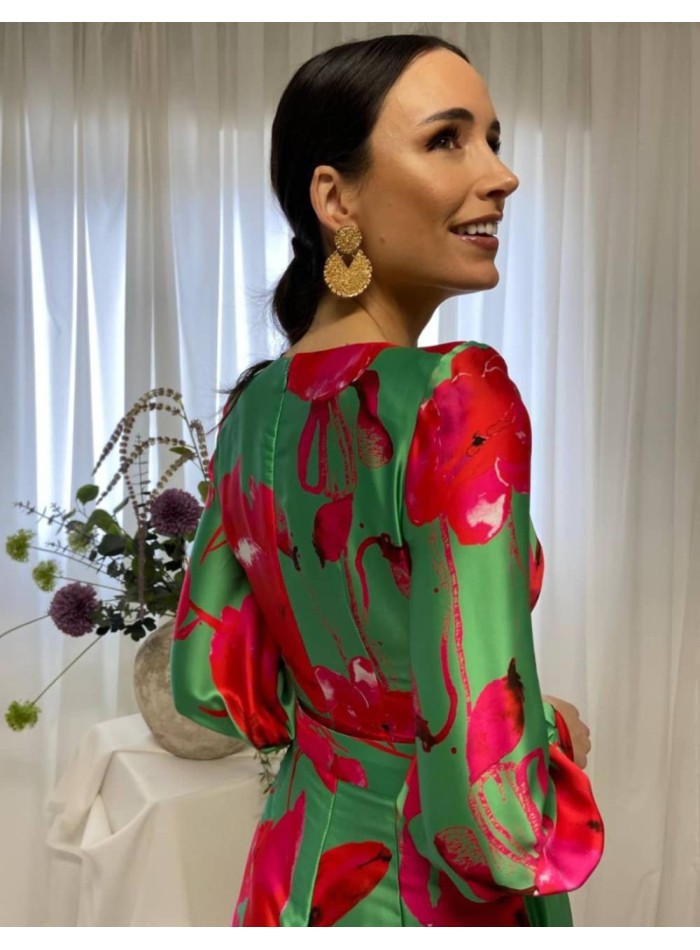 Printed midi dress with long sleeves and cross...