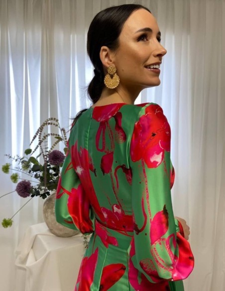 Printed midi dress with long sleeves and cross over print