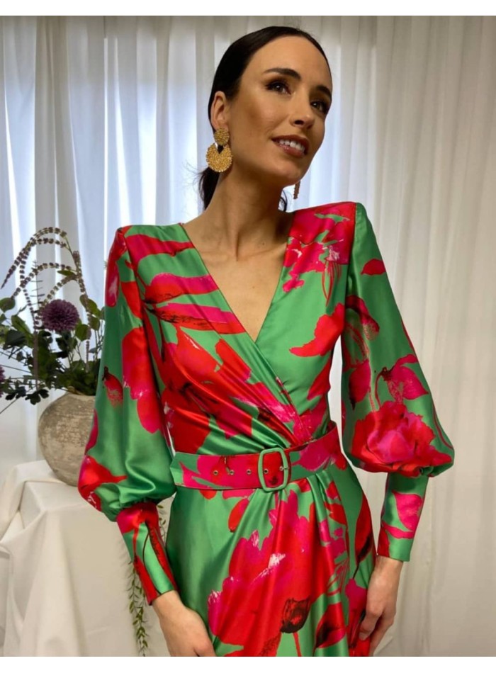 Printed midi dress with long sleeves and cross...