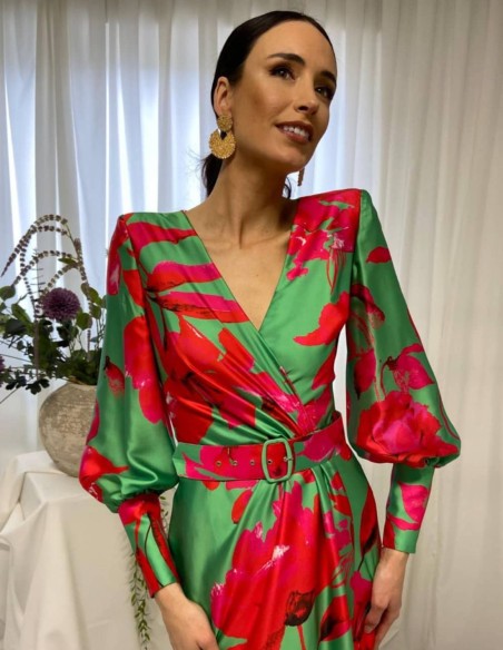 Vestido midi estampado cruzado con manga larga